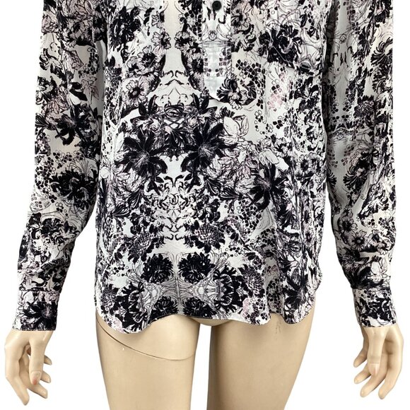 Rebecca‎ Taylor Top Size 4 Black & White Floral Silk Blouse Long Sleeve - Picture 7 of 8